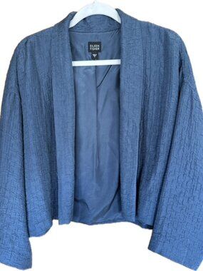 Eileen Fisher Silk Linen Boxy Crop Jacket Womens Blue Cropped Textured Minimal S
